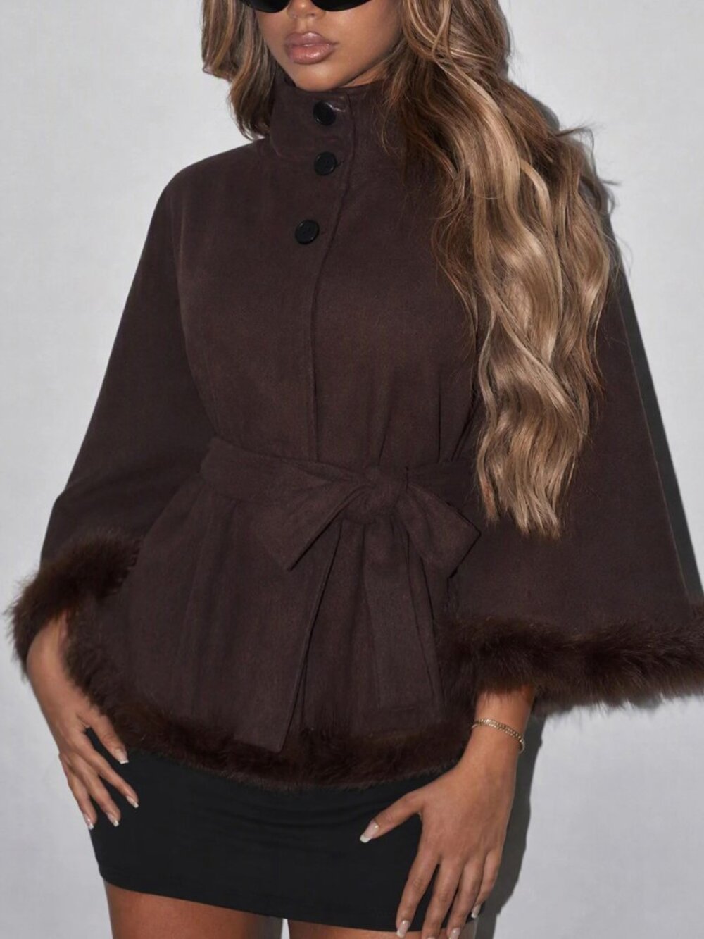 Brown Elegant Women's Single-Breasted Patchwork Faux Fur Cape Overcoat - Picture 6 of 6
